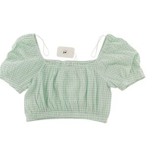 Elodie Gingham Crop Top Cottagecore Puff Sleeve Women Size Large Green White